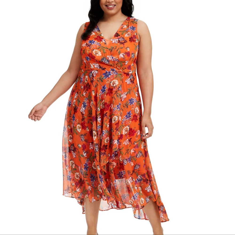 Calvin Klein Dress Midi Floral Sleeveless Summer Casual Orange 16 Plus - Picture 3 of 12